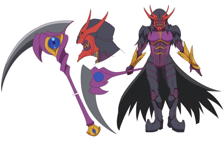 1boy, action_heroine_cheer_fruits, black_cape, black_footwear, bodysuit, boots, cape, character_sheet, commentary_request, costume, gauntlets, highres, ide_naomi, king_lotte, official_art, purple_bodysuit, scythe, simple_background, solo, tagme, white_background