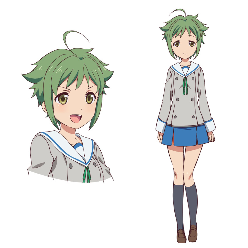 1girl, action_heroine_cheer_fruits, ahoge, black_legwear, blue_skirt, blush, brown_footwear, character_sheet
