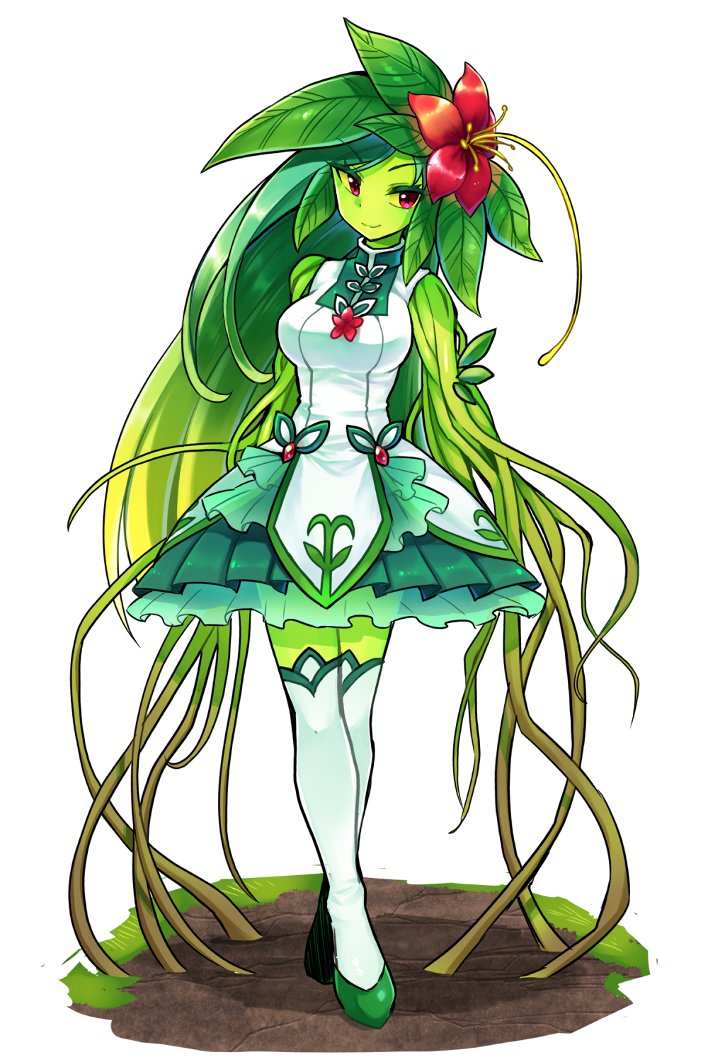alraune, boots, breasts, flower, full_body, green_skin, green_skirt, hair_flower