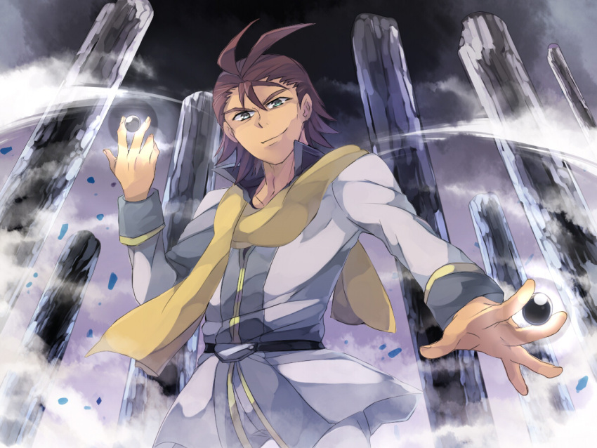 1boy, ahoge, belt, brown_hair, cardfight!!_vanguard, cardfight!!_vanguard_g, green_eyes, male_focus, mero_(starfish_jcs), philippe_neve, scarf, solo, upper_body