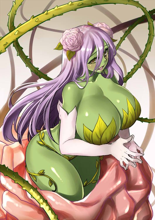 1girl, :d, bare_shoulders, breasts, bridal_gauntlets, flower, green_eyes, green_skin, hair_flower, hair_ornament, huge_breasts, kaorihero, long_hair, monmusu, monster_girl, open_mouth, plant, plant_girl, purple_hair, smile, solo, thorns, vines