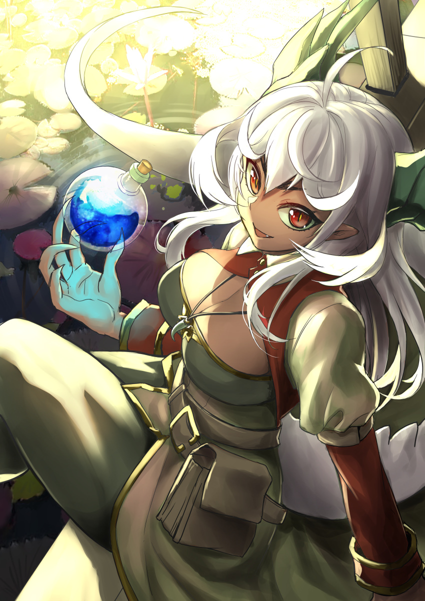 1girl, absurdres, ahoge, belt, breasts, brown_eyes, cleavage, dark_skin