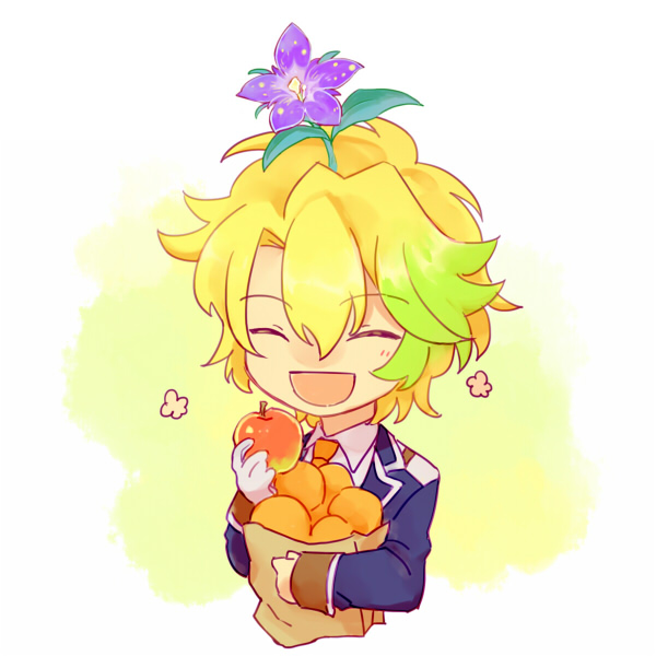 1boy, apple, bag, blonde_hair, cardfight!!_vanguard, cardfight!!_vanguard_g, chibi, closed_eyes