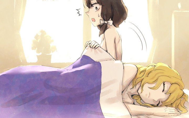 2girls, aftersex, blanket, blonde_hair, brown_eyes, brown_hair, closed_eyes, comforter