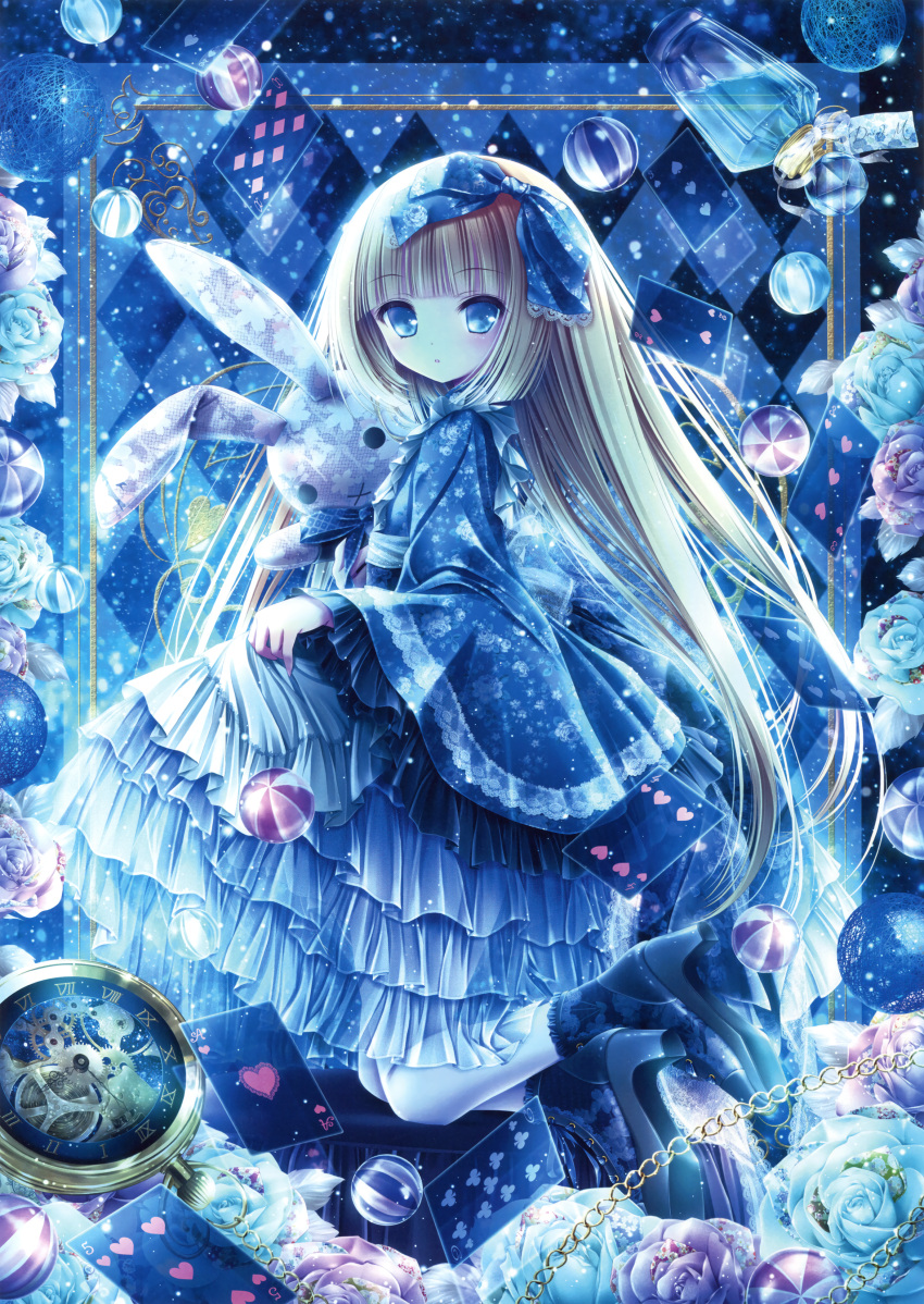 1girl, :o, absurdres, ace_of_hearts, argyle, argyle_background, blonde_hair, blue_eyes
