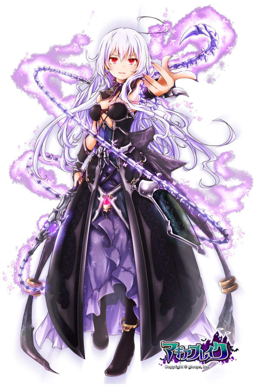 1girl, ahoge, akino_coto, detached_collar, dress, earrings, highres, jewelry, long_hair, looking_at_viewer, necromancer, official_art, original, parted_lips, reaching_out, red_eyes, solo, strapless, strapless_dress, transparent_background, whip, white_hair