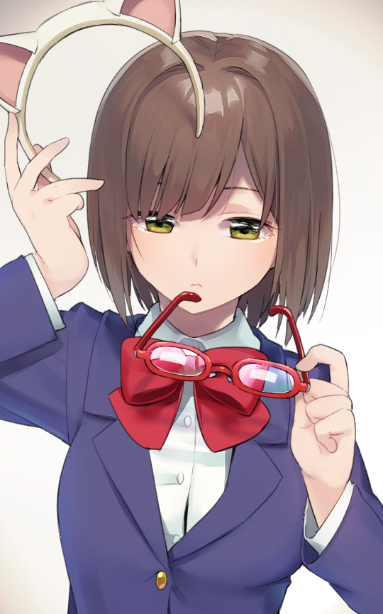 1girl, animal_ears, bangs, blue_blazer, bow, bowtie, brown_hair, cat_ears