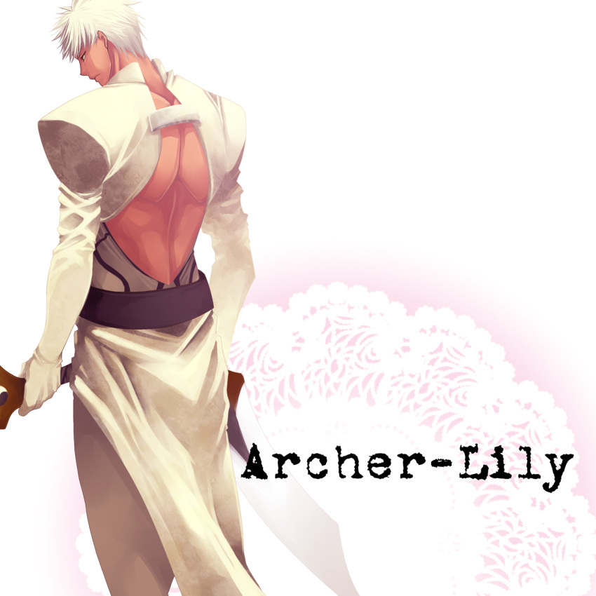 archer_lily, aya_(pixiv73672), bad_id, dual_wielding, fate/stay_night, fate_(series), gloves, highres, kanshou_&amp;_bakuya, male, sword, type-moon, weapon, white_hair