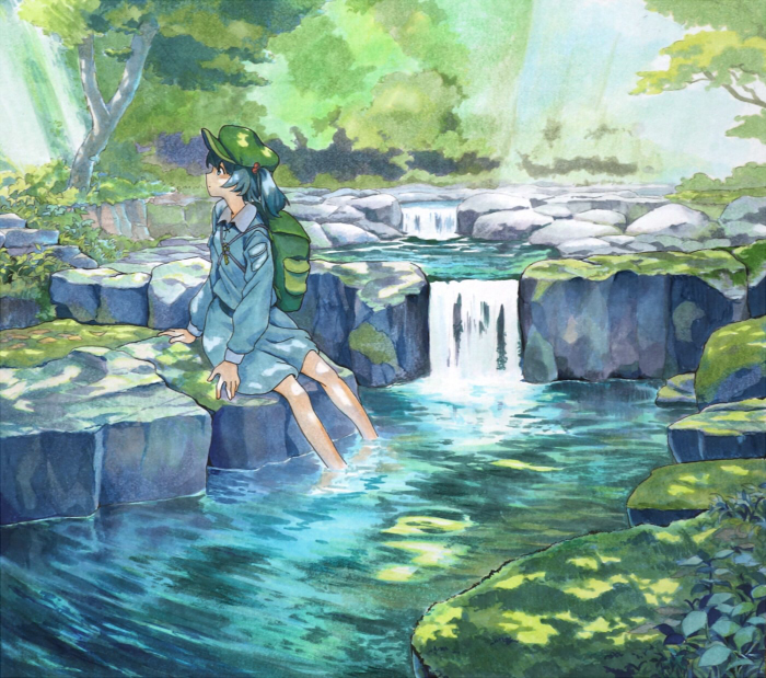 1girl, backpack, bag, bare_legs, blue_dress, blue_eyes, blue_hair, blush