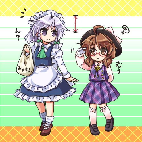 2girls, :<, apron, blue_dress, blue_eyes, braid, brown_eyes, brown_hair