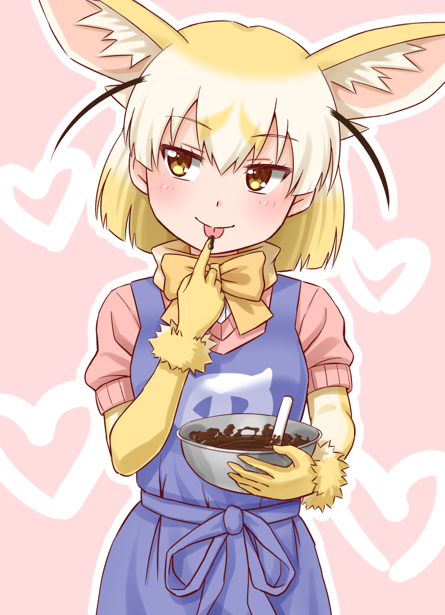 1girl, :p, animal_ears, apron, blonde_hair, bow, bowl, bowtie, chocolate, commentary_request, elbow_gloves, extra_ears, eyebrows_visible_through_hair, fennec_(kemono_friends), fox_ears, gloves, heart, heart_background, highres, japari_symbol_print, kemono_friends, looking_away, multicolored_hair, outline, pink_background, puffy_short_sleeves, puffy_sleeves, sash, short_sleeves, simple_background, solo, takatsuki_nao, tongue, tongue_out, two-tone_hair, valentine, white_hair, white_outline, yellow_eyes, yellow_neckwear