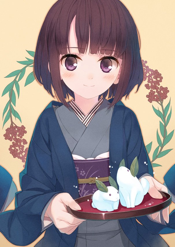 amamiya_chiharu, brown_hair, japanese_clothes, kimono, leaf, obi, original, sash