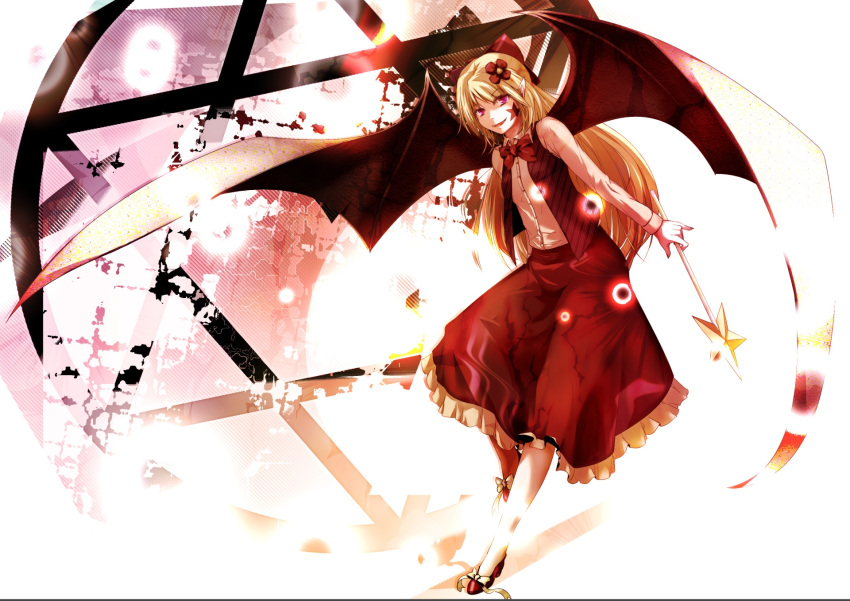 1girl, blonde_hair, bow, bowtie, dress_shirt, elis_(touhou), flower, full_body, hair_bow, hair_flower, hair_ornament, high_heels, highres, holding, leaning_forward, long_hair, long_sleeves, looking_at_viewer, pink_eyes, pointy_ears, red_bow, red_flower, red_footwear, red_neckwear, red_skirt, shirt, shoe_ribbon, skirt, smile, solo, standing, star, touhou, touhou_(pc-98), vest, wakashinoda_kei, wand, white_shirt, wing_collar, wings