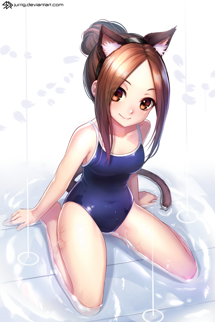 1girl, alternate_hairstyle, animal_ears, arms_at_sides, artist_name, bangs, bare_arms, bare_legs