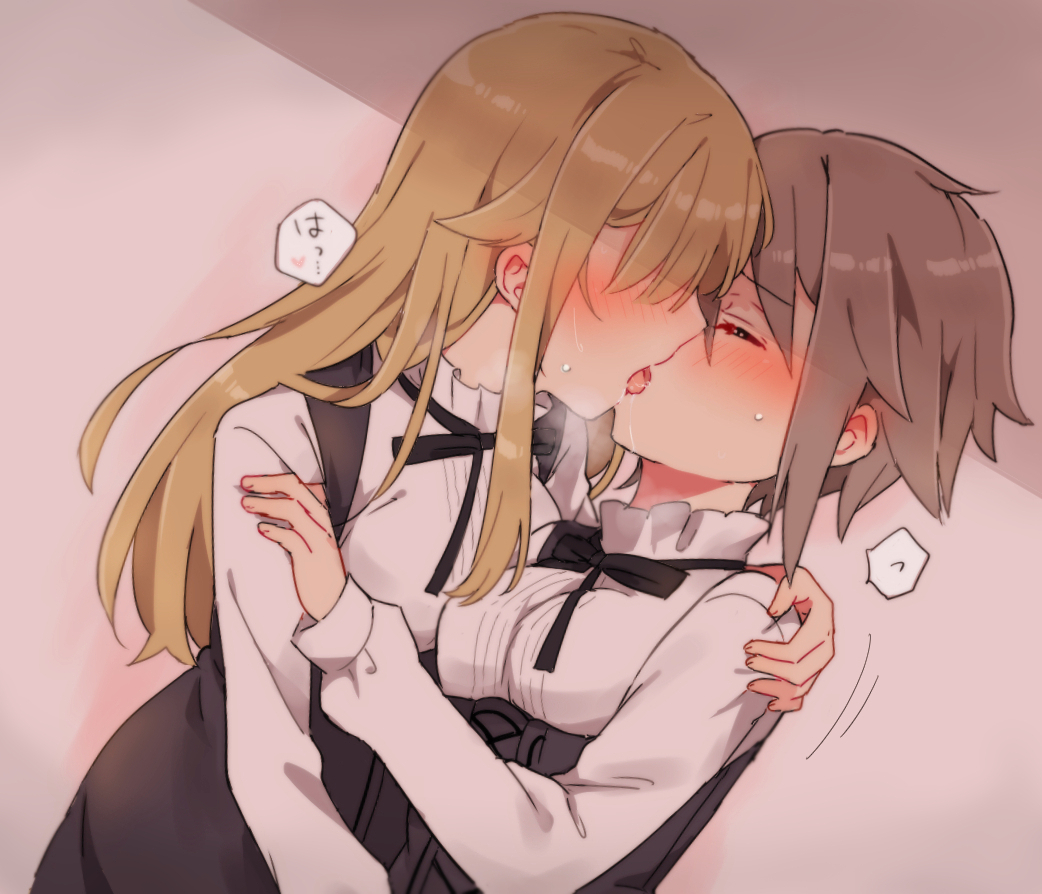 2girls, ange_(princess_principal), blonde_hair, blue_eyes, blush, braid, closed_eyes, french_kiss