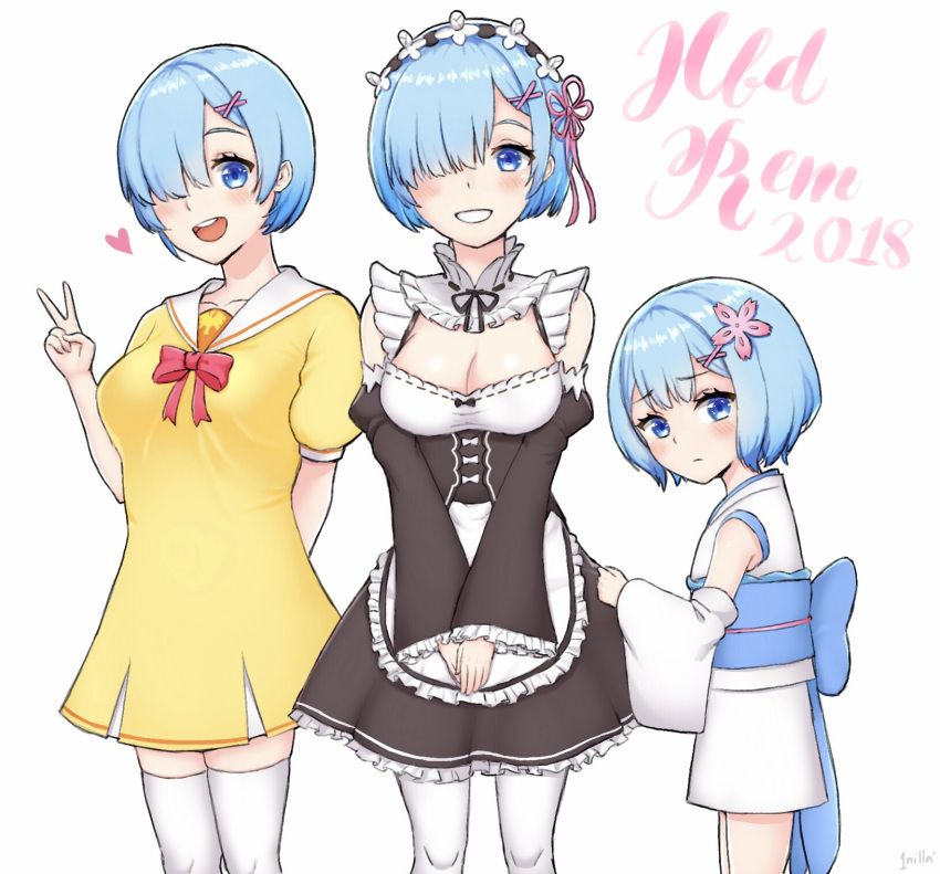 1nilla', :d, apron, blue_hair, blush, breasts, cleavage, detached_sleeves