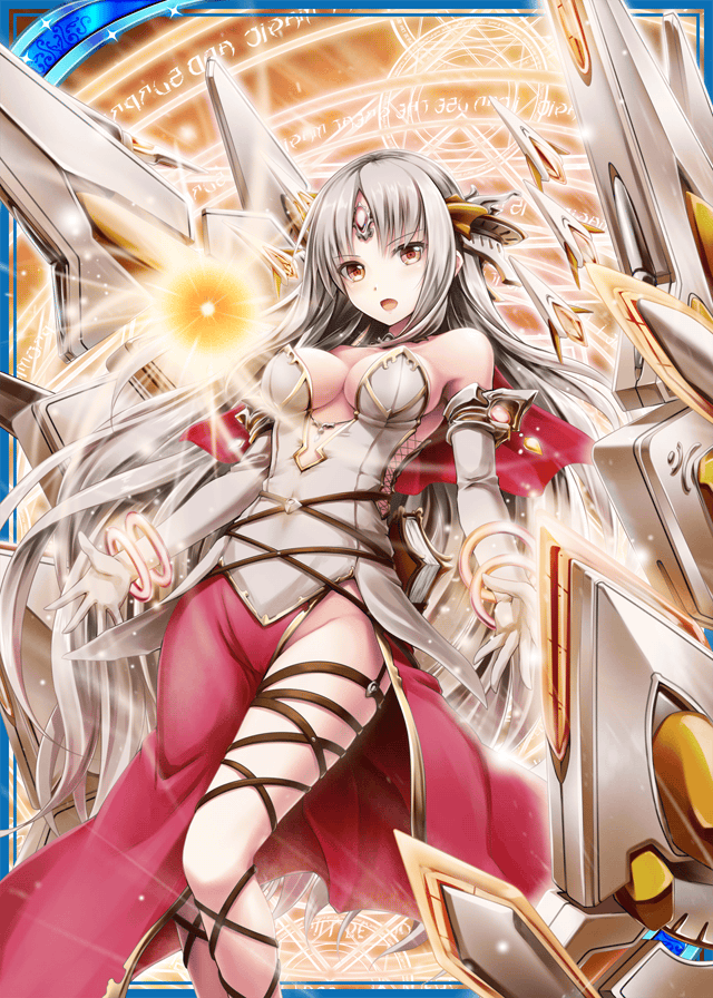 1girl, akkijin, card_(medium), dress, gloves, long_hair, looking_at_viewer, magic_circle, mecha_musume, official_art, oracle_ascendant_(shinkai_no_valkyrie), orange_eyes, orbit, shinkai_no_valkyrie, silver_hair, solo, white_dress, white_gloves