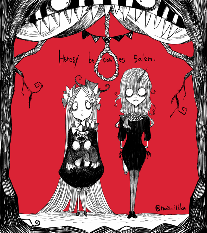 2f_sq, 2girls, abigail_williams_(fate/grand_order), absurdly_long_hair, arms_behind_back, bangs, bow, branch, dress, english, fate/grand_order, fate_(series), flower, hair_bow, horn, lavinia_whateley_(fate/grand_order), long_hair, looking_at_another, multiple_girls, noose, object_hug, pantyhose, parted_bangs, red_background, rose, sharp_teeth, shoes, simple_background, sleeves_past_wrists, standing, stuffed_animal, stuffed_toy, teddy_bear, teeth, tim_burton_(style), twitter_username, very_long_hair