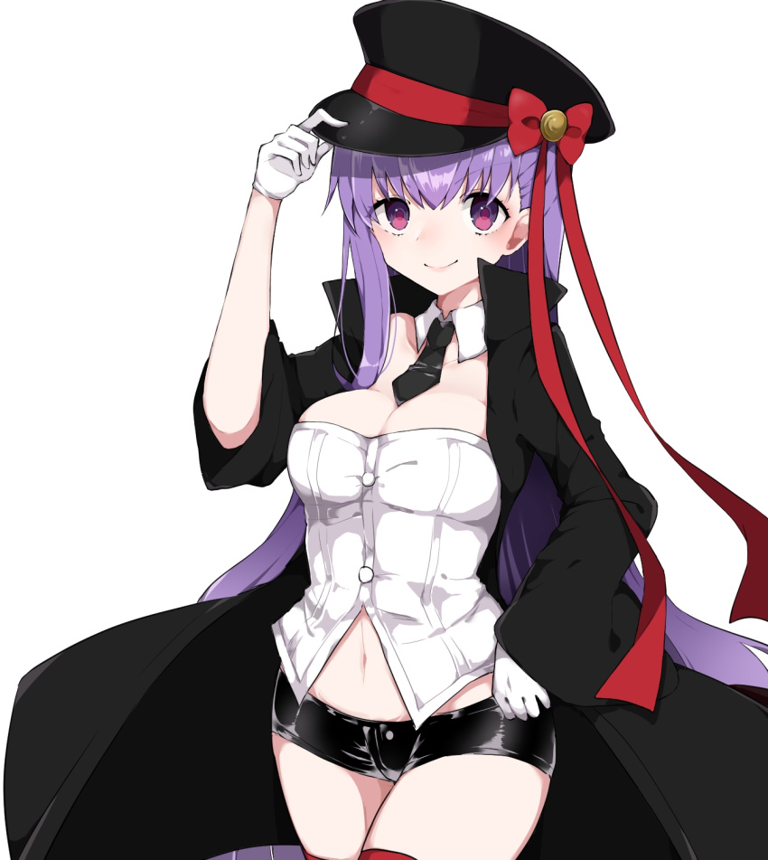 >:), 1girl, alternate_costume, bangs, bb_(fate/extra_ccc), black_coat, black_neckwear, black_shorts