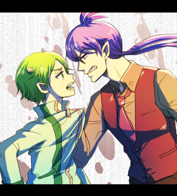 2boys, ahoge, green_eyes, green_hair, hair_over_one_eye, horns, long_hair, male_focus
