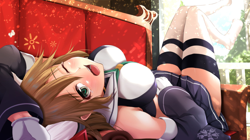 1girl, animal_ears, azur_lane, bare_shoulders, blush, breasts, brown_hair, couch