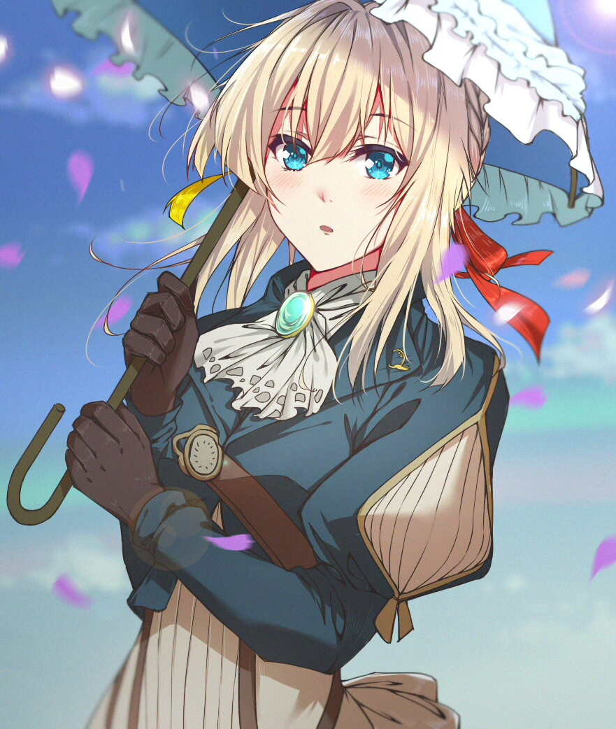 1girl, bangs, blonde_hair, blue_eyes, blue_jacket, braid, brooch, dress