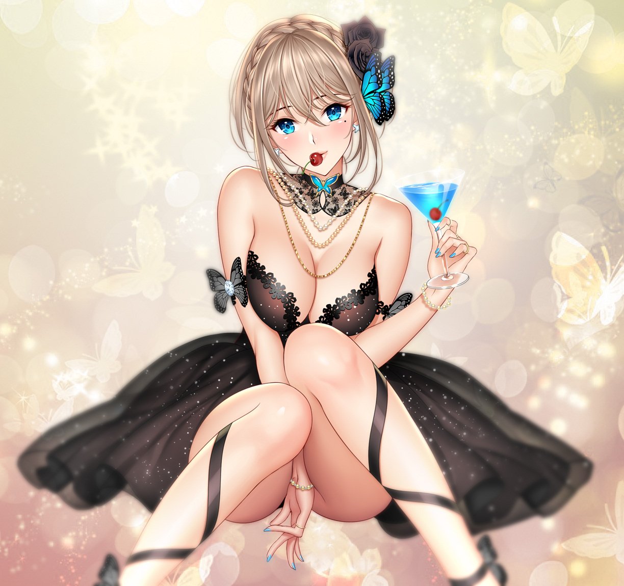 1girl, bangs, bare_shoulders, black_dress, black_flower, black_rose, blonde_hair, blue_eyes