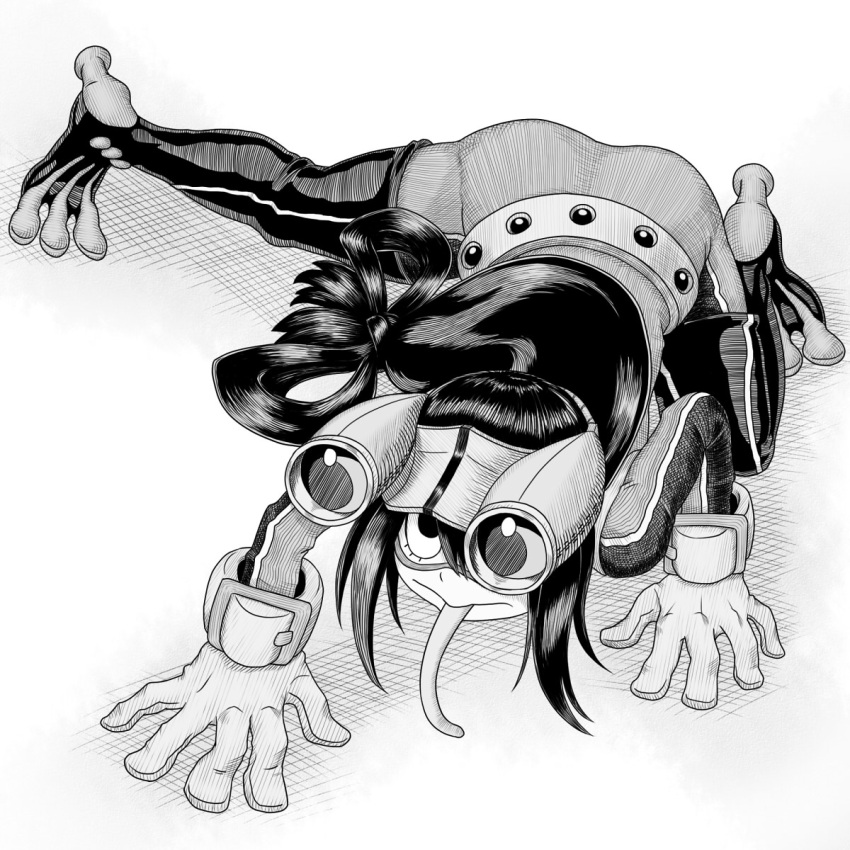 1girl, akim_x, all_fours, asui_tsuyu, boku_no_hero_academia, frog_girl, gloves, greyscale, highres, long_hair, long_tongue, monochrome, solo, thigh-highs, tongue, tongue_out