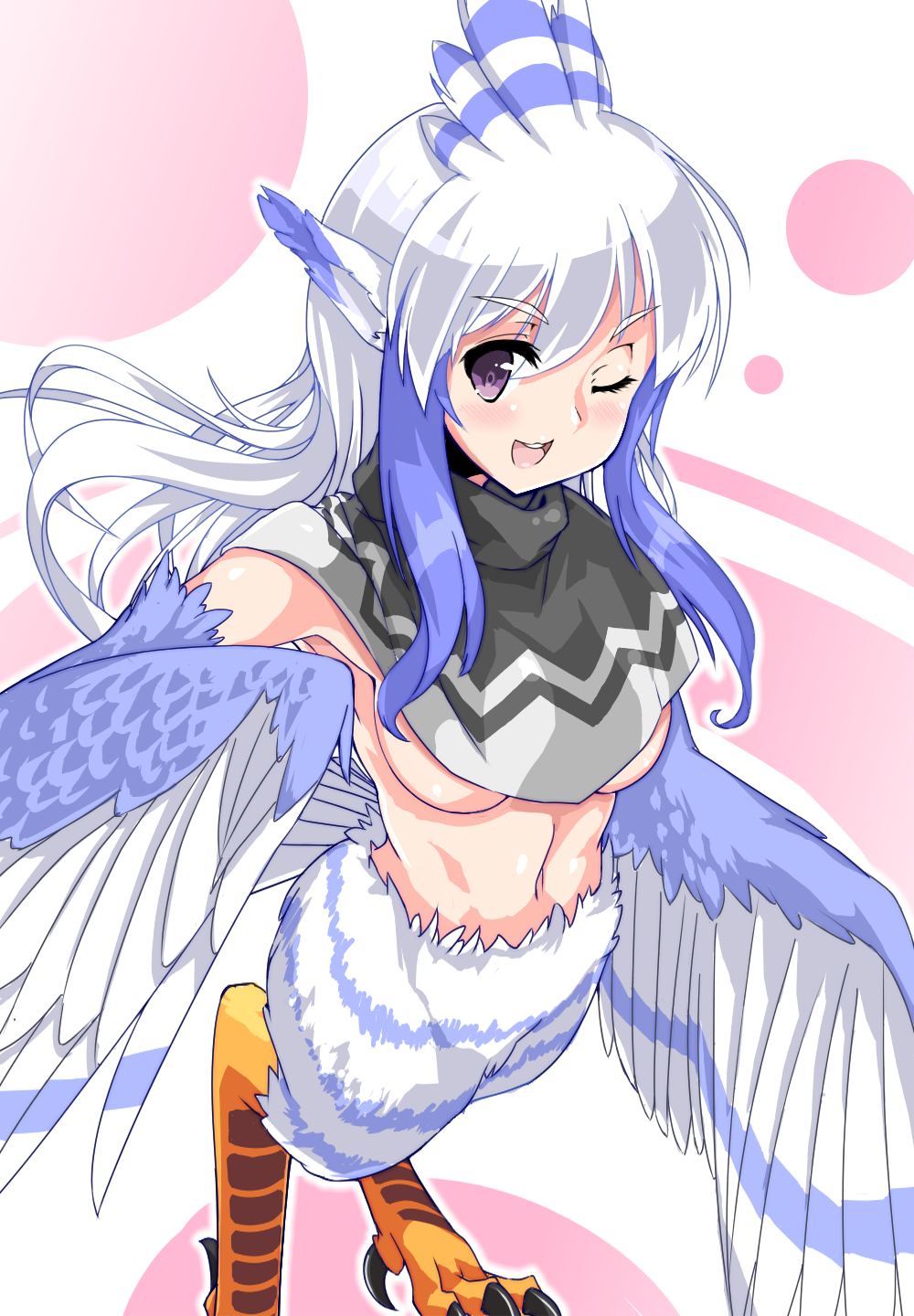 1girl, blue_feathers, blue_hair, blue_wings, blush, borrowed_character, breasts, commentary_request