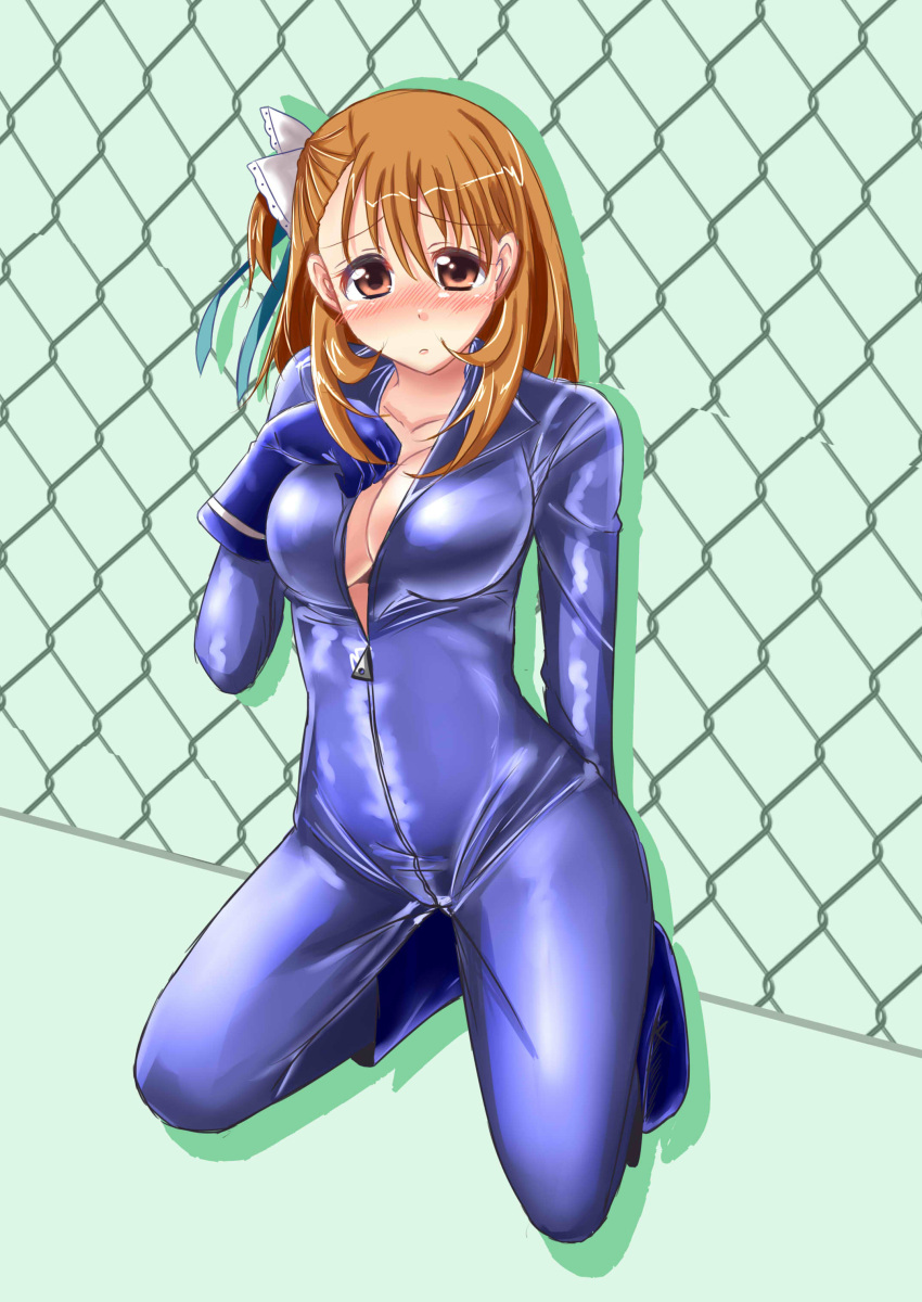1girl, absurdres, ahoge, biker_clothes, bikesuit, bodysuit, breasts, brown_eyes
