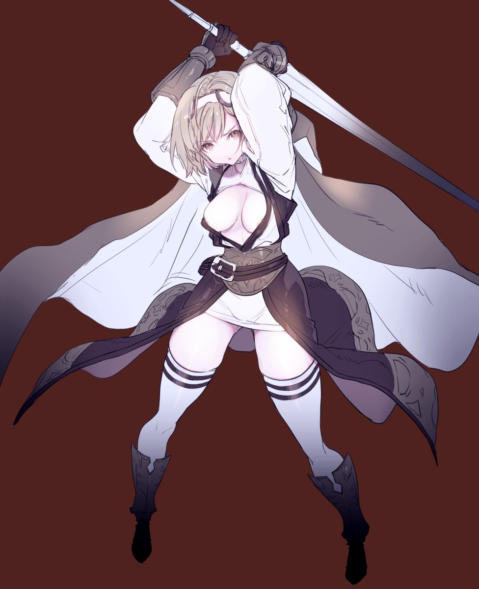 1girl, breasts, cape, gloves, greaves, highres, koza_game, large_breasts