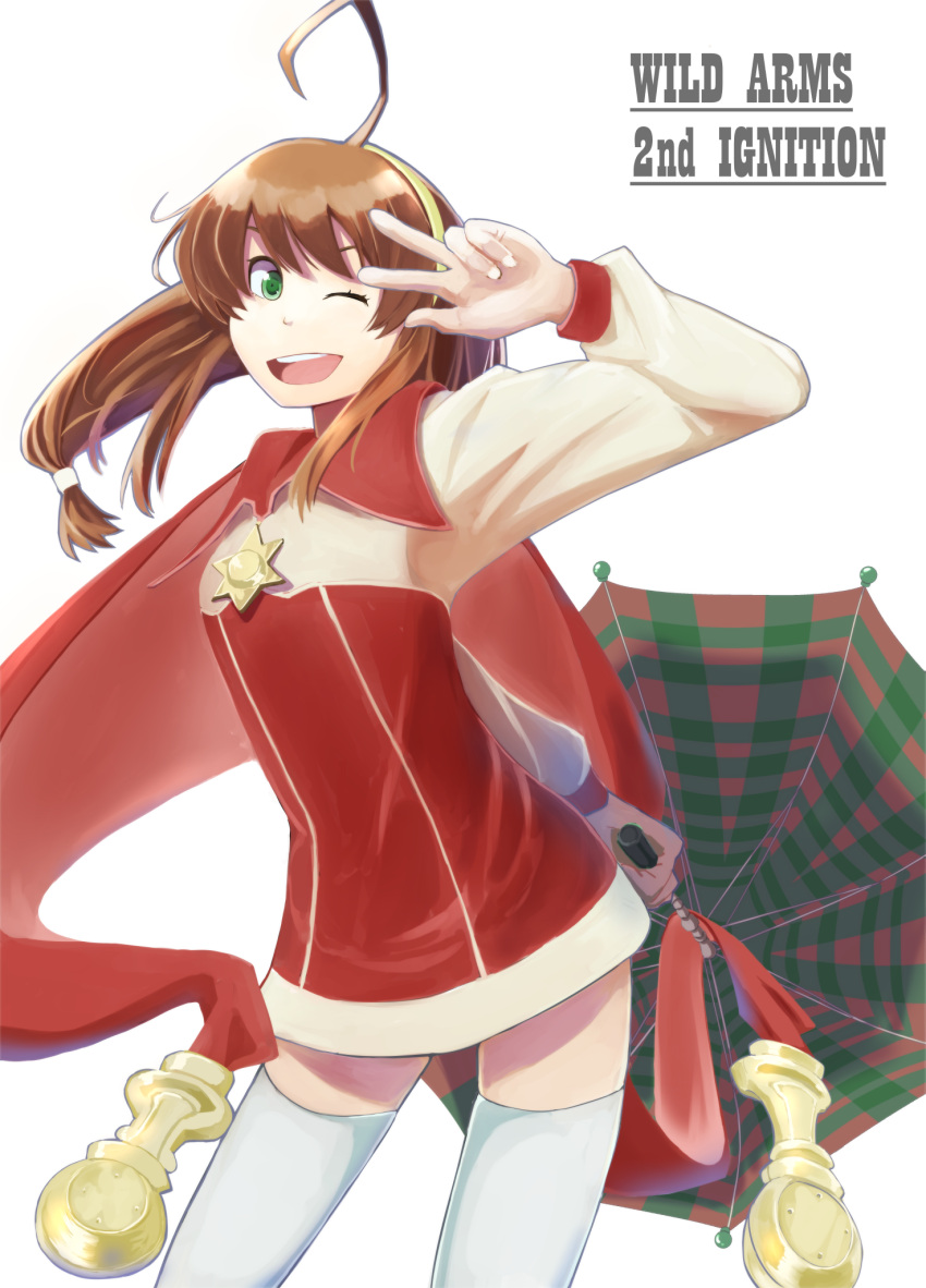 1girl, ahoge, breasts, brown_hair, commentary_request, green_eyes, hairband, highres