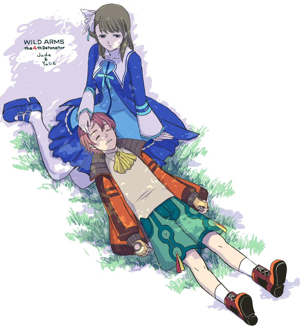 1boy, 1girl, ahoge, brown_eyes, brown_hair, commentary_request, hair_ornament, jude_maverick