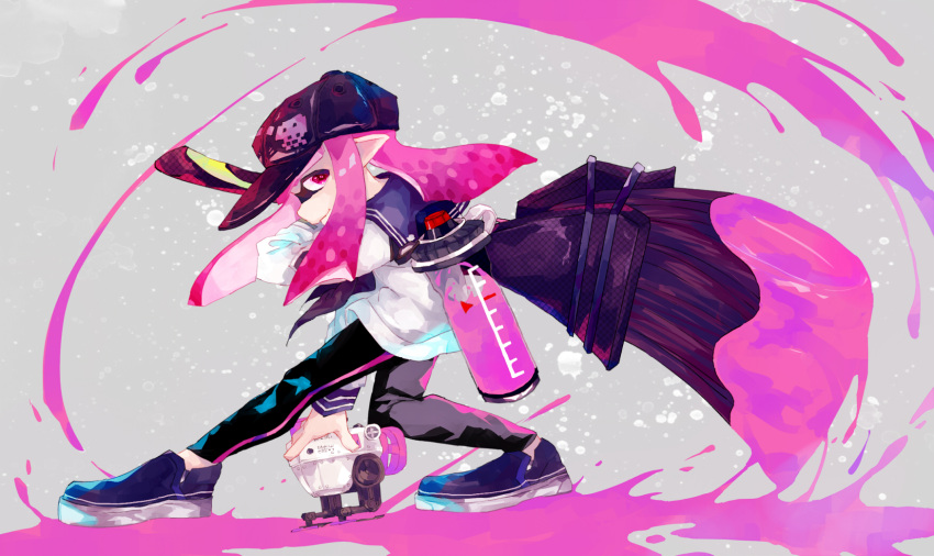 1girl, autobomb_(splatoon), baseball_cap, black_hat, black_neckwear, black_pants, blouse, blue_footwear, closed_mouth, commentary, domino_mask, from_side, full_body, grey_background, hat, herobrush_(splatoon), highres, holding, holding_weapon, ink_tank_(splatoon), inkling, long_hair, looking_at_viewer, mask, neckerchief, paint_splatter, pants, pink_hair, pointy_ears, print_hat, rangetsu_(dawnsky), sailor_collar, shoes, single_vertical_stripe, smirk, solo, splatoon, splatoon_2, tentacle_hair, weapon, white_blouse