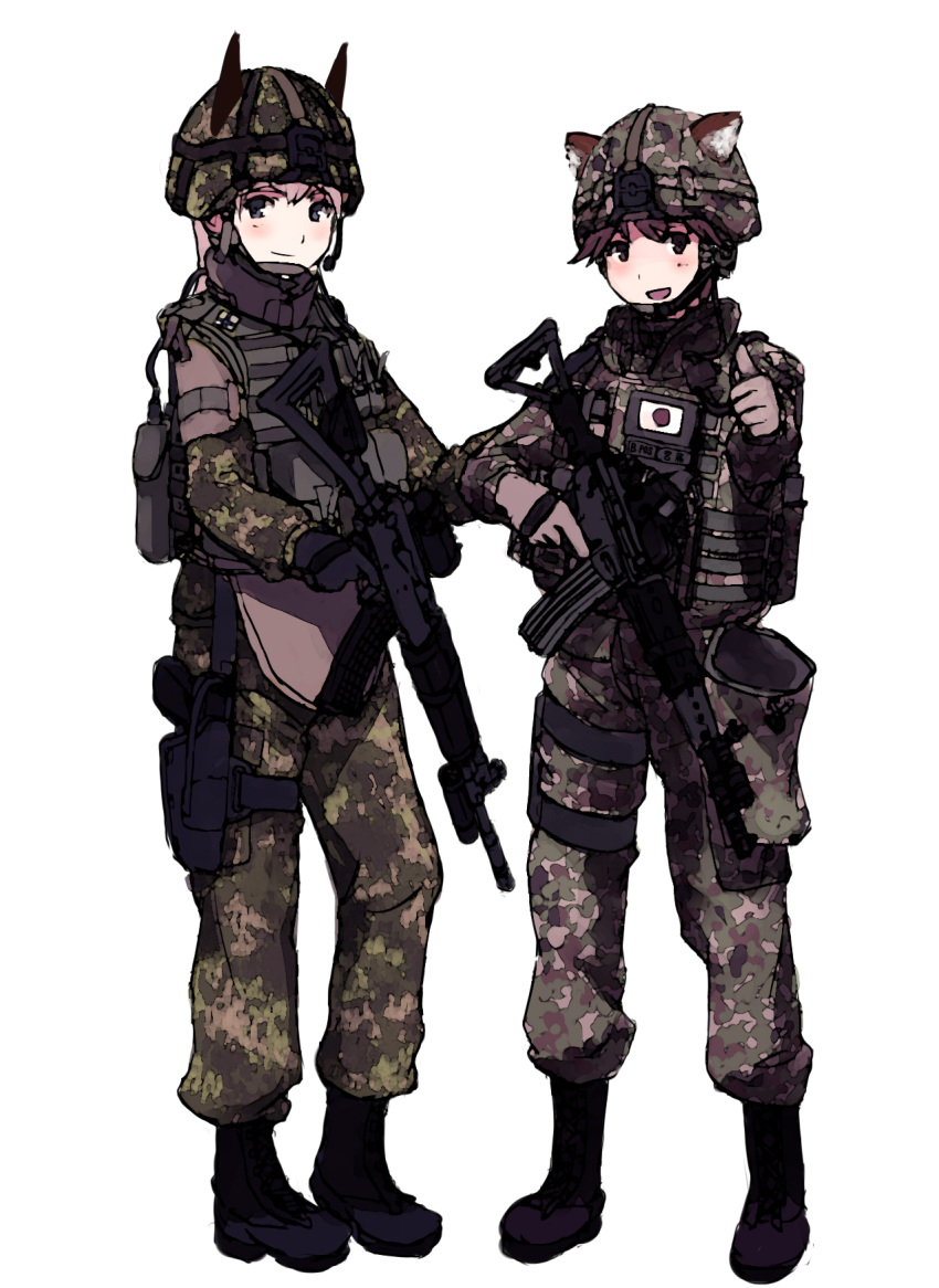 animal_ears, eila_ilmatar_juutilainen, glock23, gun, highres, military, military_uniform, miyafuji_yoshika, multiple_girls, shibafu_(glock23), strike_witches, thumbs_up, uniform, weapon