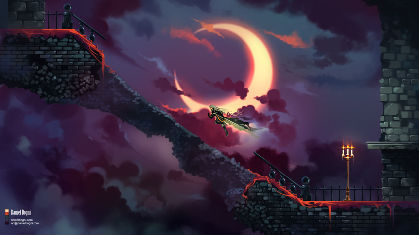 1boy, alucard_(castlevania), candelabra, cape, castlevania, castlevania:_symphony_of_the_night, clouds, crescent_moon, daniel_bogni, jumping, long_hair, midair, moon, night, scenery, silver_hair, sky, solo, stairs