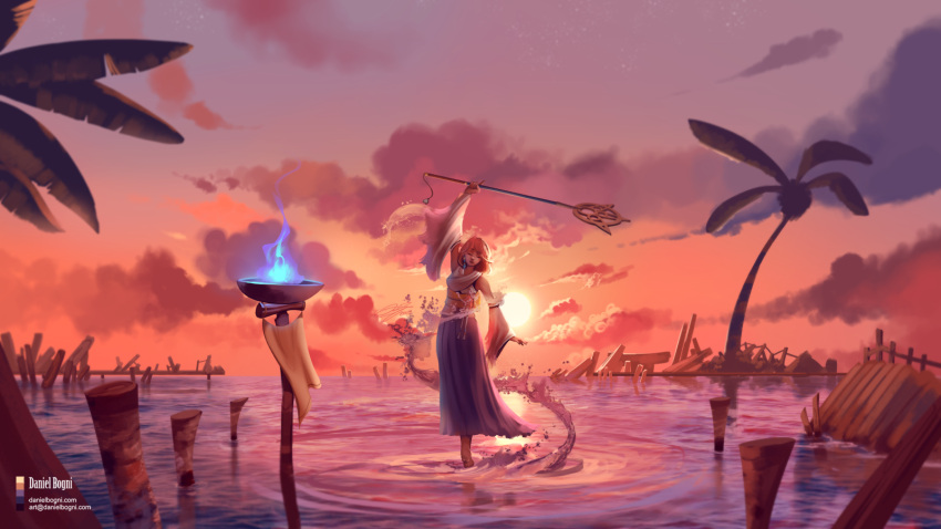 1girl, blue_fire, brown_hair, closed_eyes, clouds, dancing, daniel_bogni, detached_sleeves