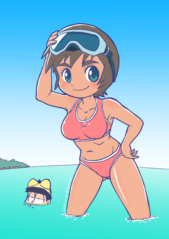 1boy, 1girl, bikini, blue_eyes, brown_hair, goggles, goggles_on_head, hand_on_hip