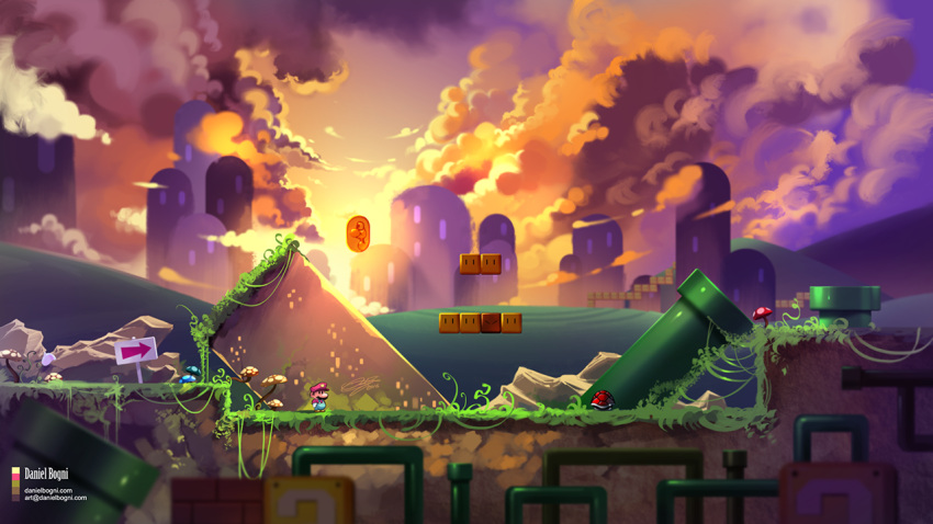 1boy, ?_block, clouds, coin, daniel_bogni, facial_hair, hat, koopa