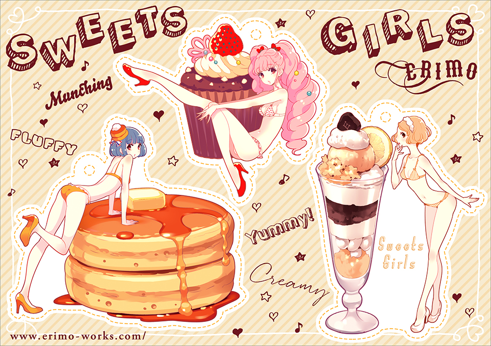 3girls, arm_support, bare_arms, bare_legs, bare_shoulders, blue_hair, bow, bra