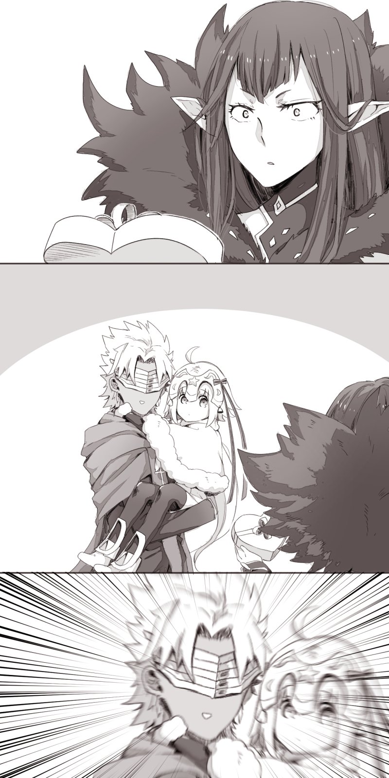 1boy, 2girls, ahoge, amakusa_shirou_(fate), black_hair, box, carrying, comic