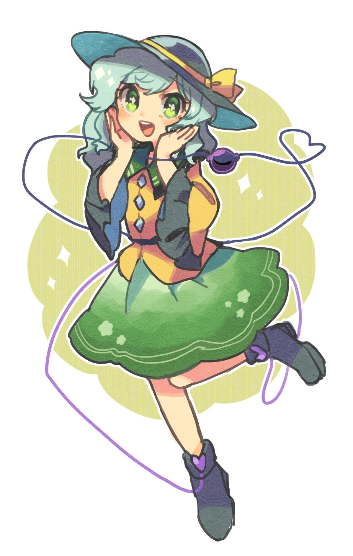 1girl, :d, ankle, blouse, blue_hair, blue_hat, blush, boots