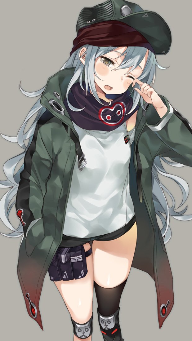 1girl, black_legwear, black_scarf, black_shorts, brown_eyes, g11_(girls_frontline), girls_frontline, green_hat
