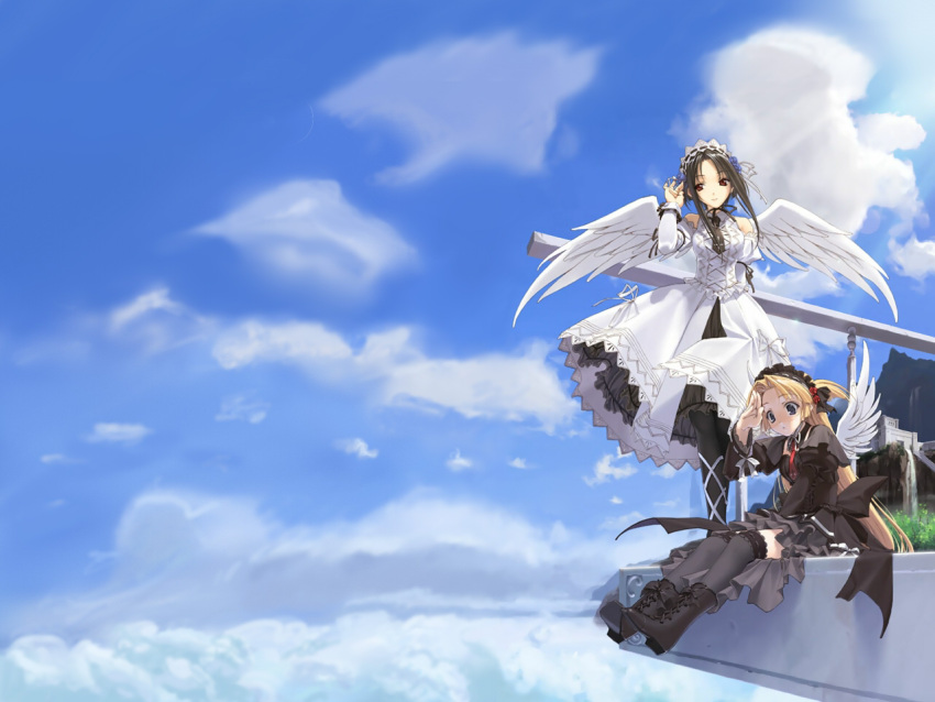 1280x960, angel_wings, black_hair, blonde_hair, blue_eyes, boots, cloud, clouds