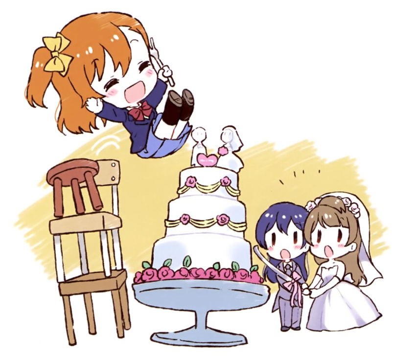 3girls, blue_hair, bridal_veil, brown_hair, chair_tipping, chibi, dengeki_g's, dress, fork, highres, holding, holding_fork, jumping, katana, kiyose_akame, kousaka_honoka, love_live!, love_live!_school_idol_project, minami_kotori, multiple_girls, official_art, orange_hair, ribbon, sonoda_umi, stacking, sword, tuxedo, veil, weapon, wedding_dress