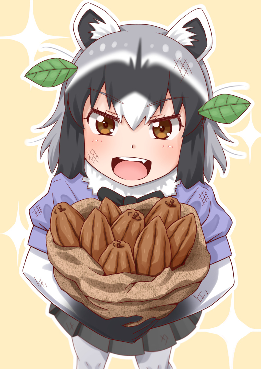 1girl, ahoge, animal_ears, beige_background, black_gloves, black_hair, black_skirt, brown_eyes