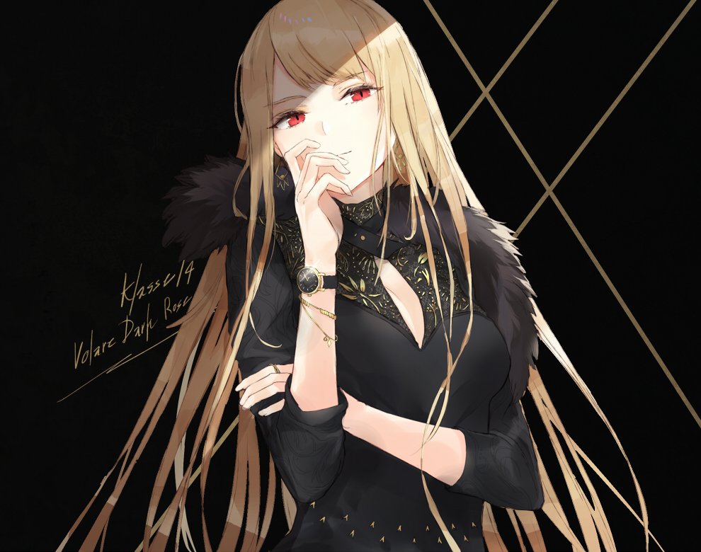 1girl, black_background, black_jacket, blonde_hair, breasts, closed_mouth, eyebrows_visible_through_hair, hand_to_own_mouth