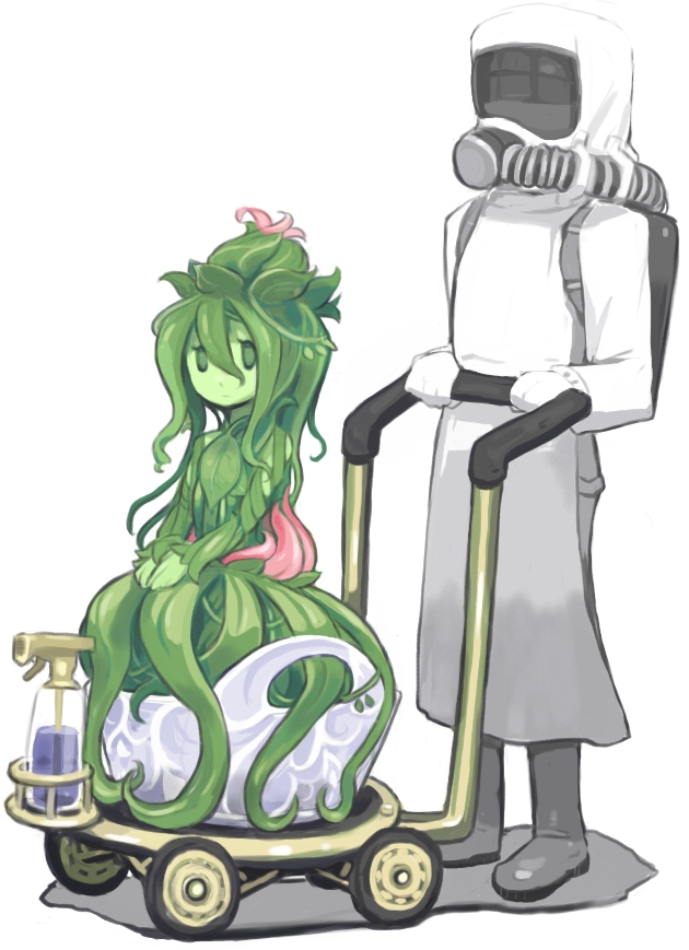 1boy, 1girl, boots, closed_mouth, commentary_request, flower, gas_mask, green_eyes, green_hair, green_skin, hair_between_eyes, idon, leaf, long_sleeves, looking_at_viewer, monster_girl, original, plant_girl, plant_hair, simple_background, standing, tentacle, white_background