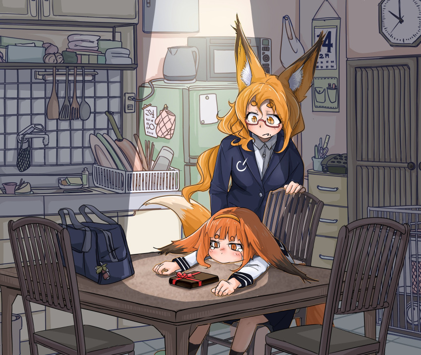 2girls, animal_ears, bag, bangs, blank_stare, blue_jacket, blunt_bangs, blush