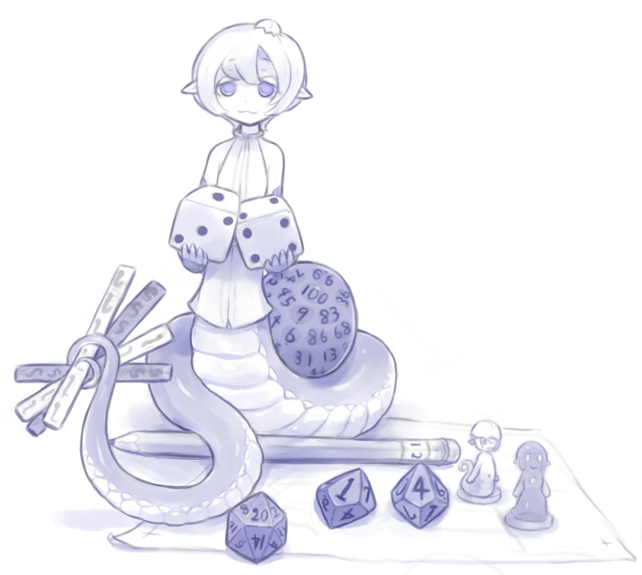 1girl, :3, bangs, bare_shoulders, blue, dice, figure, holding